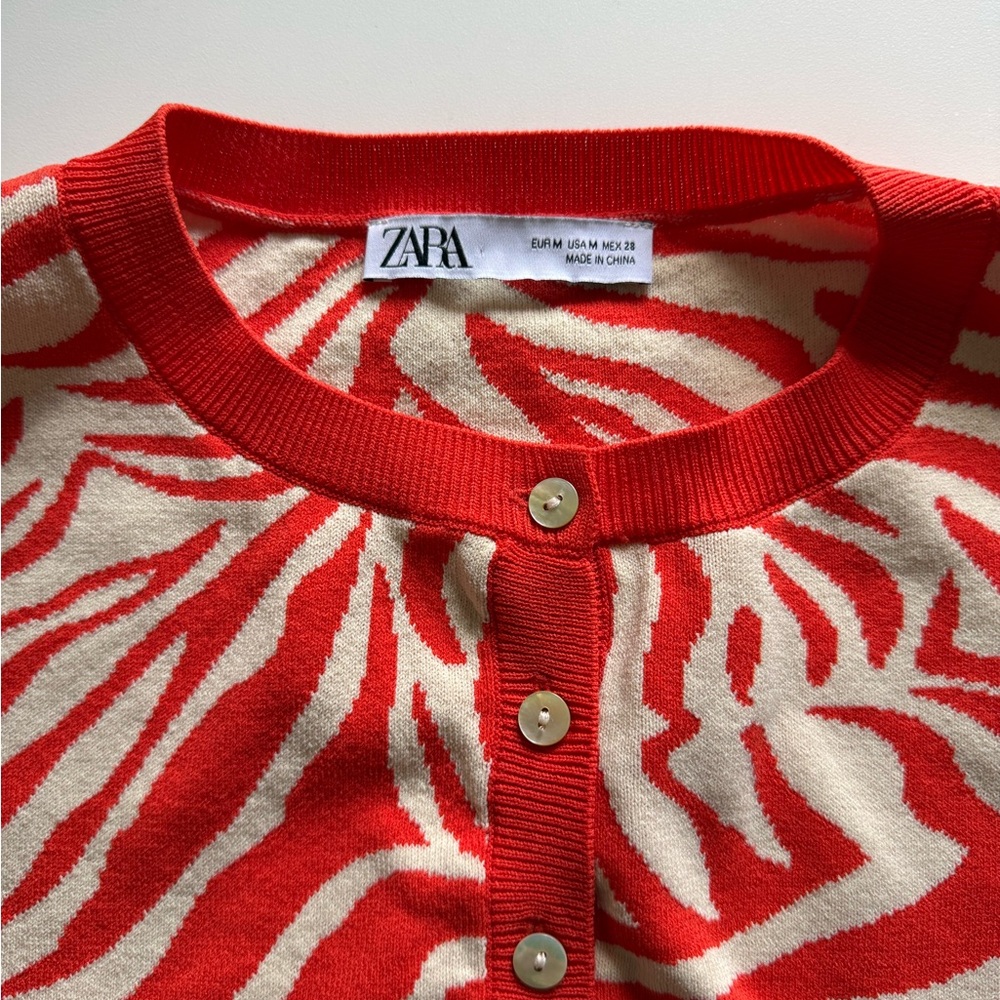 Zara Red Orange and Cream Animal Print Cardigan